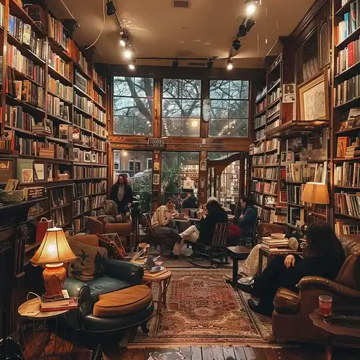 Cozy bookstore with customers browsing and reading inside.